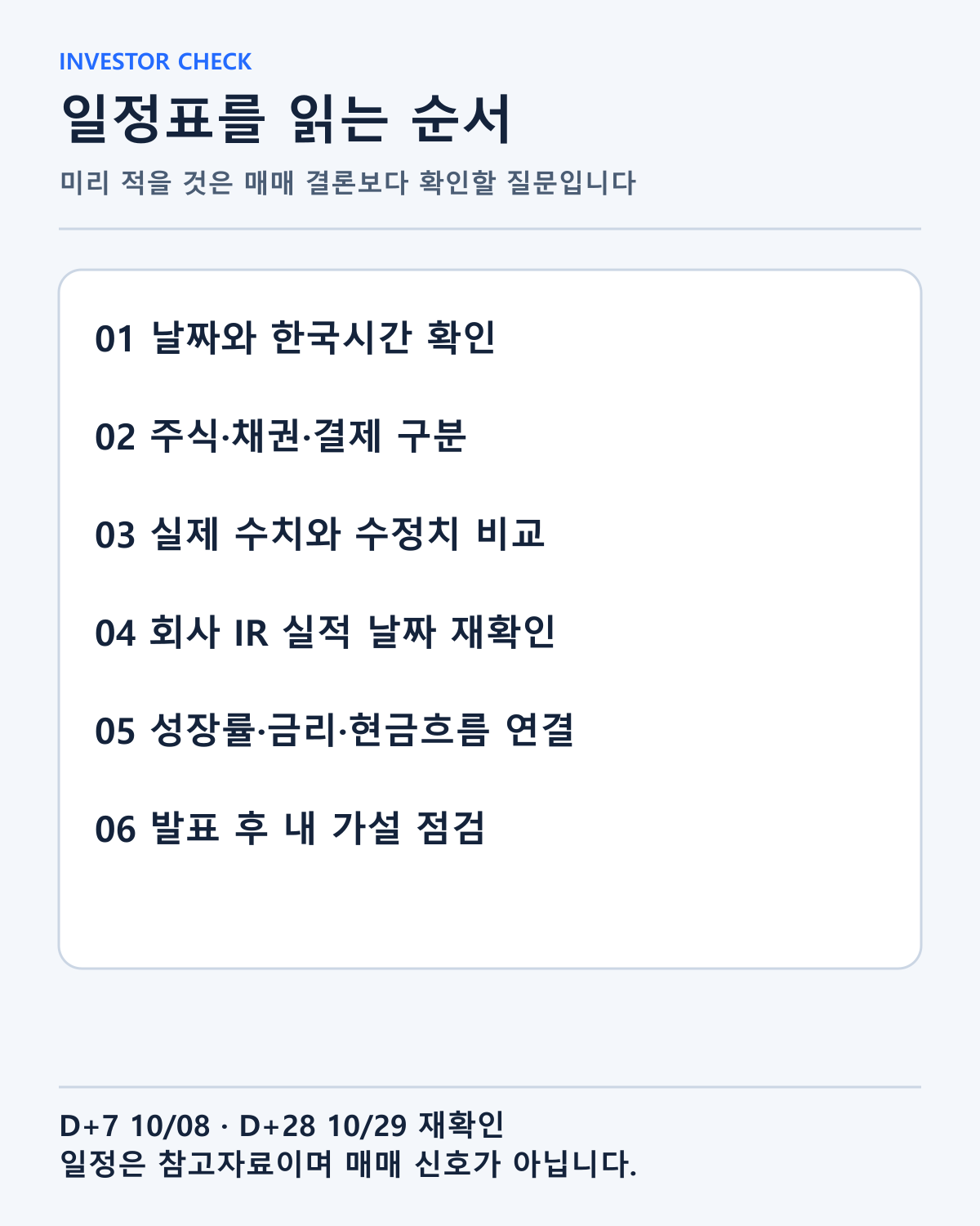 날짜·시장·대상기간·수정치·회사 IR을 확인하는 일정표 활용 순서입니다.